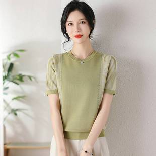 圆领薄款 洋气妈妈针织衫 T恤宽松显瘦小衫 上衣 大码 夏季 妈妈装 短袖