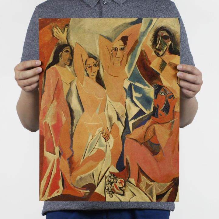 毕加索亚维农少女油画复古文艺牛皮纸海报酒吧餐厅墙贴画装饰画芯
