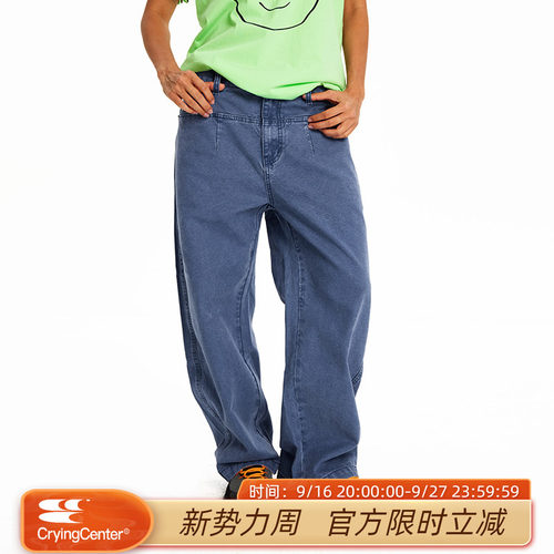 CryingCenter休闲复古法工蓝洗水做旧工装裤修饰腿形小弯刀长裤
