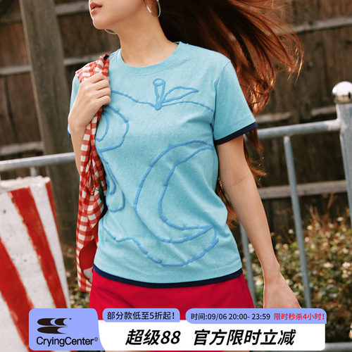 CryingCenter半透雪花竹节棉发泡3c苹果印花正肩修身短袖哭喊中心