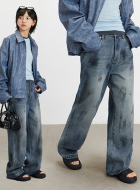 CryingCenter 脏脏裤故意做旧脏笔画直筒宽松牛仔裤复古 哭喊中心