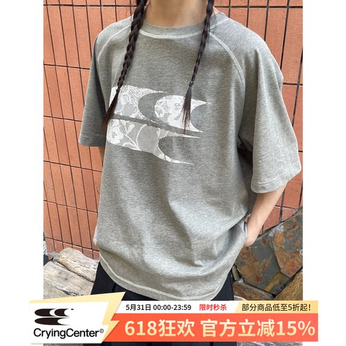 CryingCenter 海藻泥蕾丝3clogo灰调t恤圆领短袖 哭喊中心
