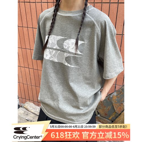CryingCenter 海藻泥蕾丝3clogo灰调t恤圆领短袖 哭喊中心