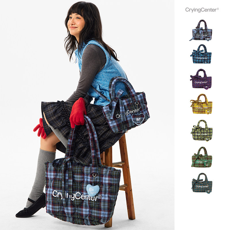 CryingCenter多色复古格纹托特包（含云朵挂件）斜挎单肩包大小号