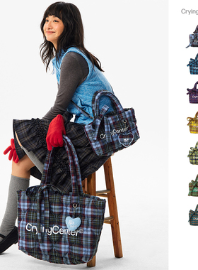 CryingCenter多色复古格纹托特包（含云朵挂件）斜挎单肩包大小号