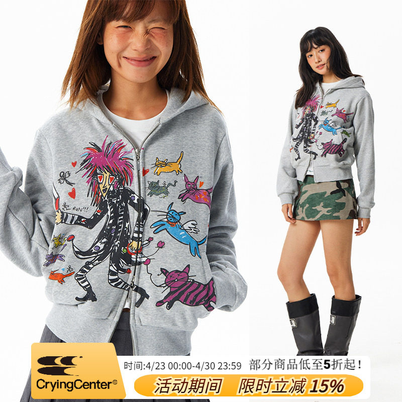 CryingCenter 非主流小猫接力赛正肩加绒卫衣外套男女款哭喊中心