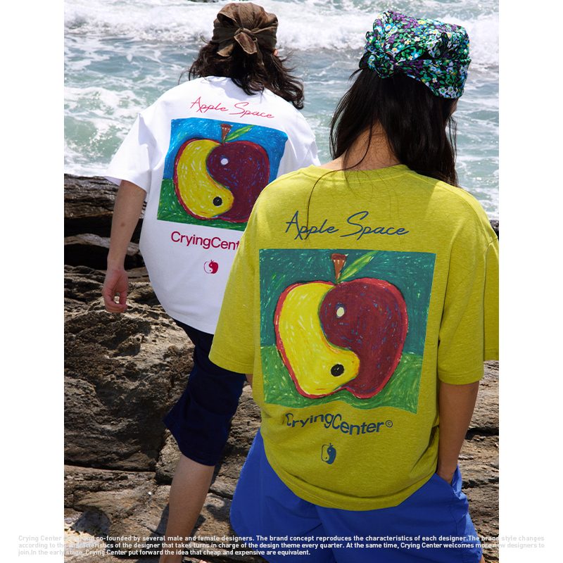 CryingCenter手绘太极苹果印花苹果宇宙圆领宽松花纱短袖哭喊中心
