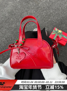 CryingCenter圣诞红mini波士顿蝴蝶结油蜡亮皮大学生经典斜挎皮包