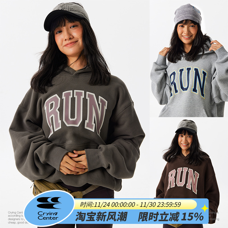 CryingCenter RUN复古戴帽加绒跑步文化帽衫 哭喊中心