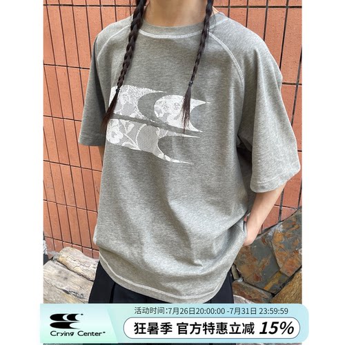 CryingCenter 海藻泥蕾丝3clogo灰调t恤圆领短袖 哭喊中心