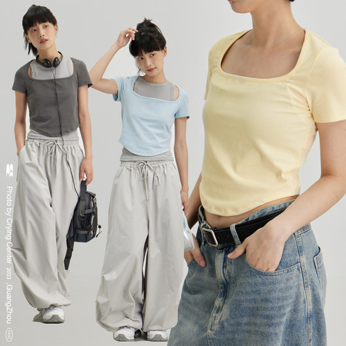 短袖青春流行短款92%棉8%氨纶