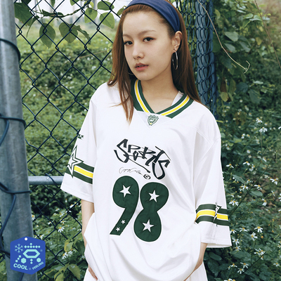 CryingCenter 涂鸦字星星数字98光泽复古球服短袖宽松 哭喊中心