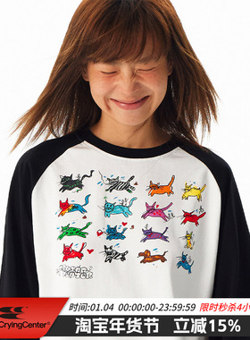 CryingCenter 可爱小猫手绘插画松弛居家感黑白插肩长袖 正肩T恤