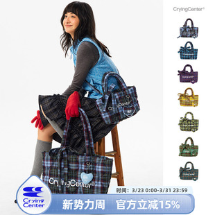 CryingCenter多色复古格纹托特包 斜挎单肩包大小号 含云朵挂件