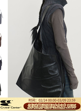 CryingCenter 黑色油蜡大容量单肩斜挎皮包可调节托特包 哭喊中心