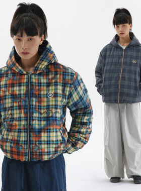 CringCenter格纹夹棉迷幻格纹灰蓝色戴帽拉链款棉服外套一件过冬
