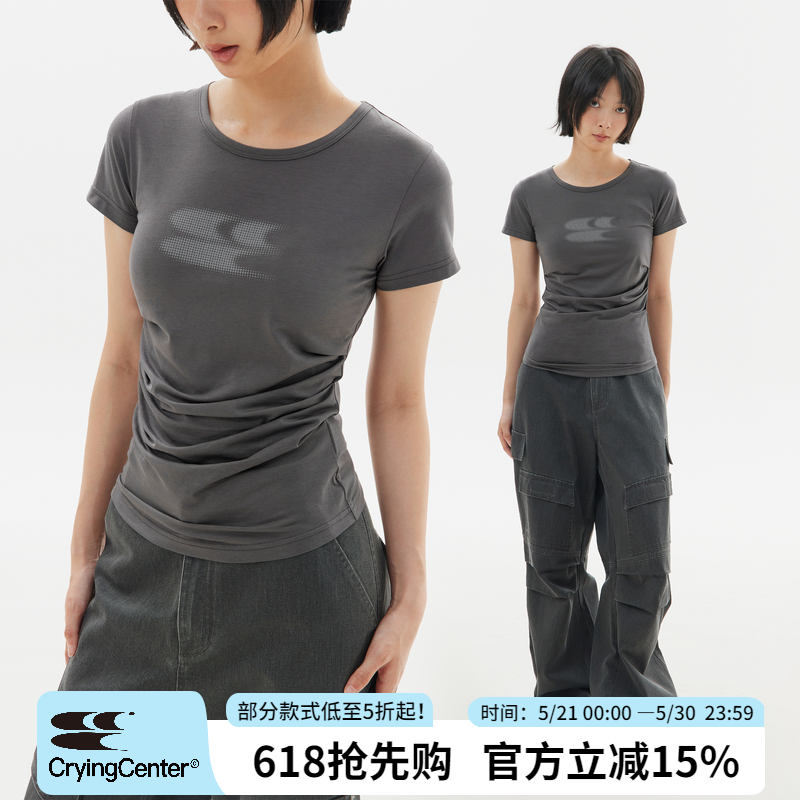 CryingCenter 渐变logo凉感冰皮面料大领口T恤上衣 哭喊中心