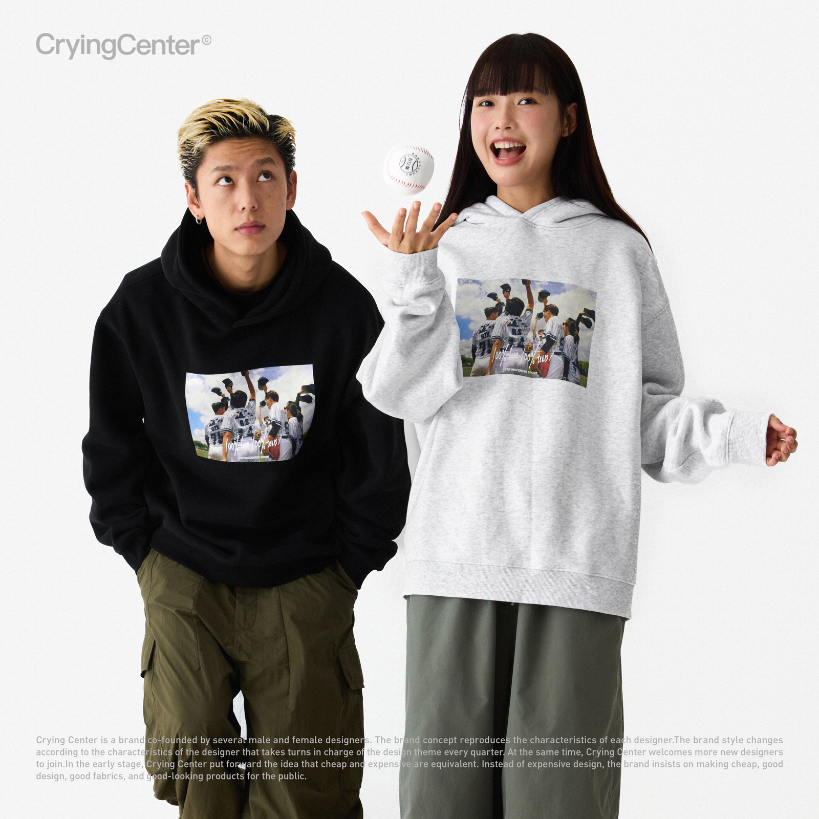 CryingCenter 棒球队合照手写字连帽加绒卫衣 哭喊中心