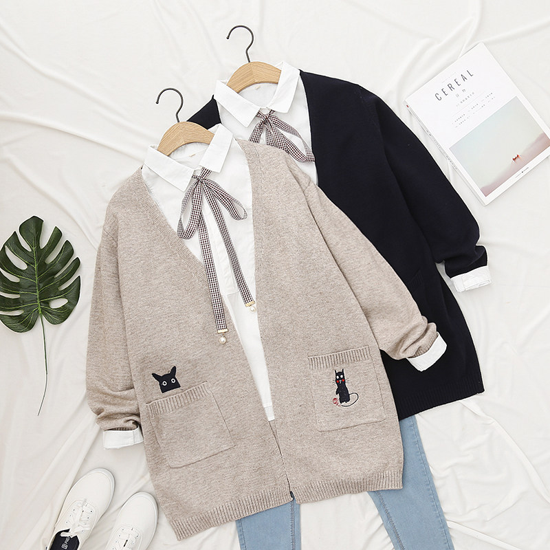 日系森女系貓咪口袋針織衫外套女寬松中長款開衫2019秋季新款女裝在類目 女裝/女士精品, 毛衣中 - 來自Buy2taobao.com提供專業的淘寶代購服務
