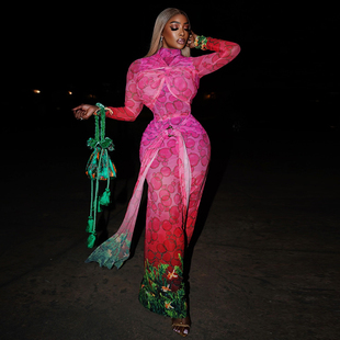 欧美性感印花镂空长袖连衣裙时尚修身收腰系带鱼尾裙辣妹显瘦女装