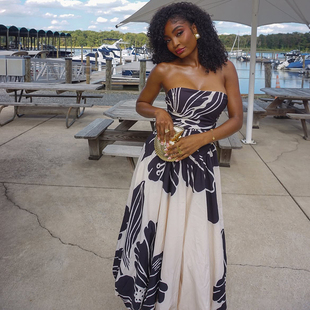 欧美时尚花卉图案印花女装度假风抹胸潮流连衣裙收腰显瘦修身长裙