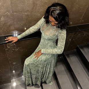 欧美名媛圆领淑女风薄纱长袖连衣裙女收腰显瘦设计感气质百搭长裙