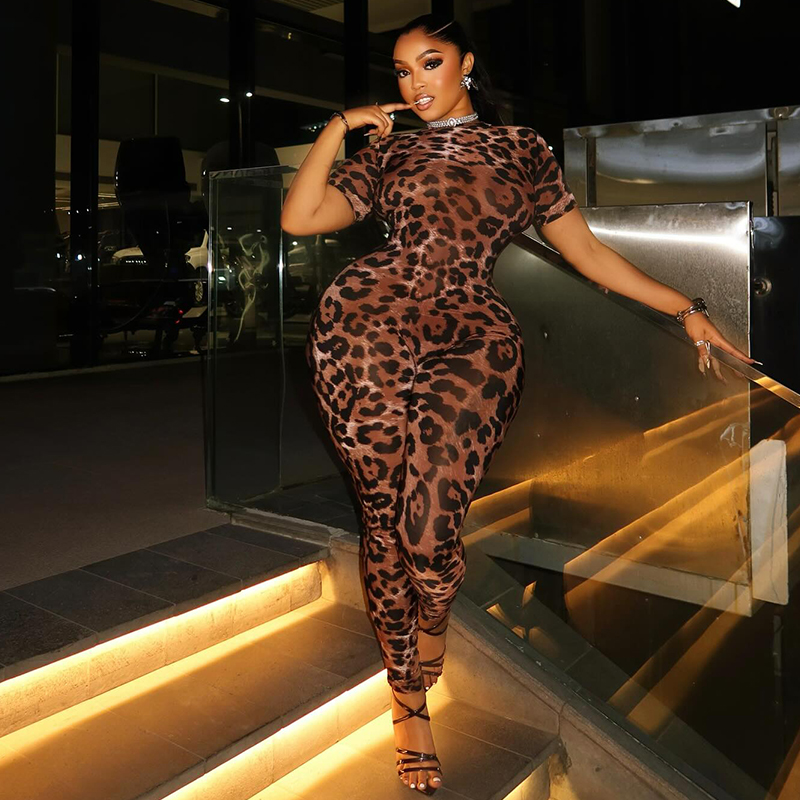 欧美狂野辣妹风豹纹女装高腰连体裤紧身显瘦性感包臀通勤短裙长裤