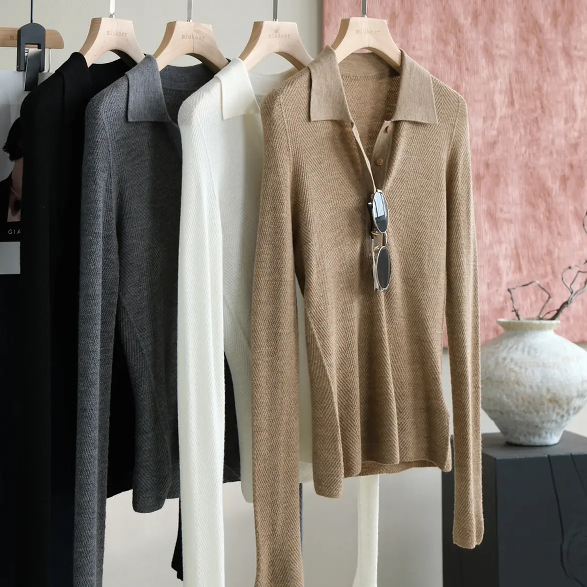 【甄织澜】100%精纺羊毛120S『扬子纱』POLOl领长袖鱼骨纹针织衫