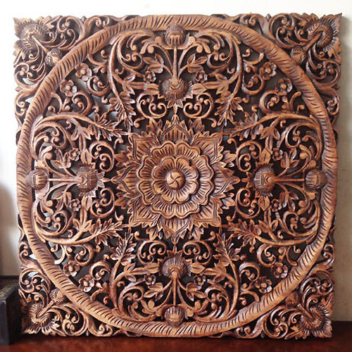 天然实木镂空方形木雕花板东南亚复古入户门挂屏背景玄关隔断客厅