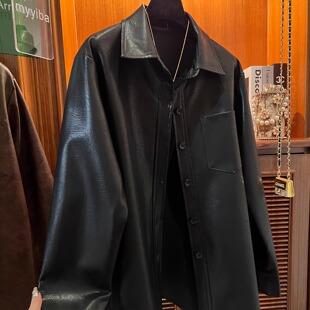 欧货做旧油蜡皮衣外套高级感黑色港风PU夹克宽松显瘦中长款上衣女