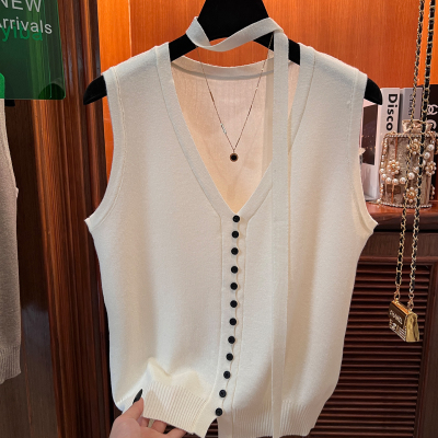 新款韩系V领无袖羊毛针织衫