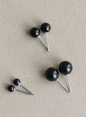 LLab s925简约百搭天然黑玛瑙耳钉纯银耳环防过敏