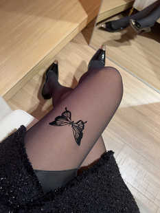 小众植绒蝴蝶黑透肤打底袜春秋单层一体80D假透肉印花黑丝A058