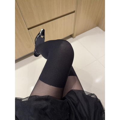 80D拼接条纹显瘦假过膝连裤袜