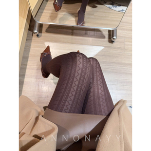 袜春秋50D高弹不紧绷棕色打底袜A371 复古微透几何条纹提花连裤