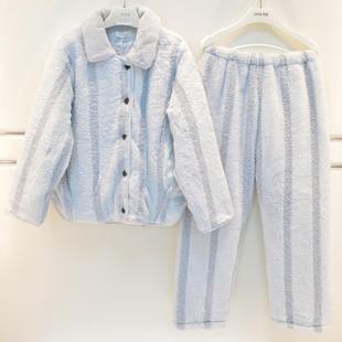 雪尔绵睡衣2026冬季女士法兰绒三层加厚夹棉竖条保暖宽松家居服套