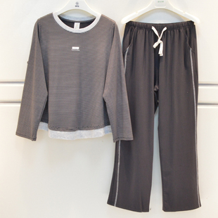 雪尔绵2026睡衣秋季女士纯棉针织条纹休闲圆领外穿宽松家居服套