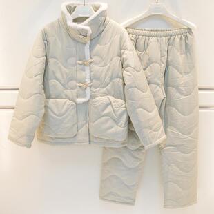 雪尔绵睡衣2026冬季女士浣溪纱三层加厚夹棉素色立领甜美家居服套