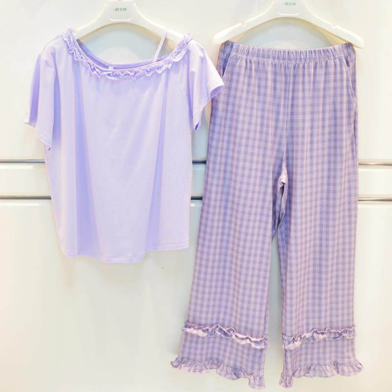 安之伴欢内睡衣夏季女士纯棉针织素色韩版个性时尚短袖长裤家居服