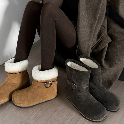 手工靴子~4.5cm中跟2025冬季新款磨砂牛皮羊羔毛内增高保暖雪地靴
