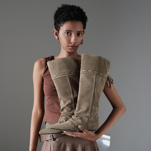 董生活同款 及膝靴牛反绒可折叠两穿尖头长靴褶皱堆堆靴子 2025新款