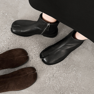 羊蹄牛皮马蹄拉链款tabi分趾鞋真皮羊皮平底猪蹄高帮猪脚短靴女靴