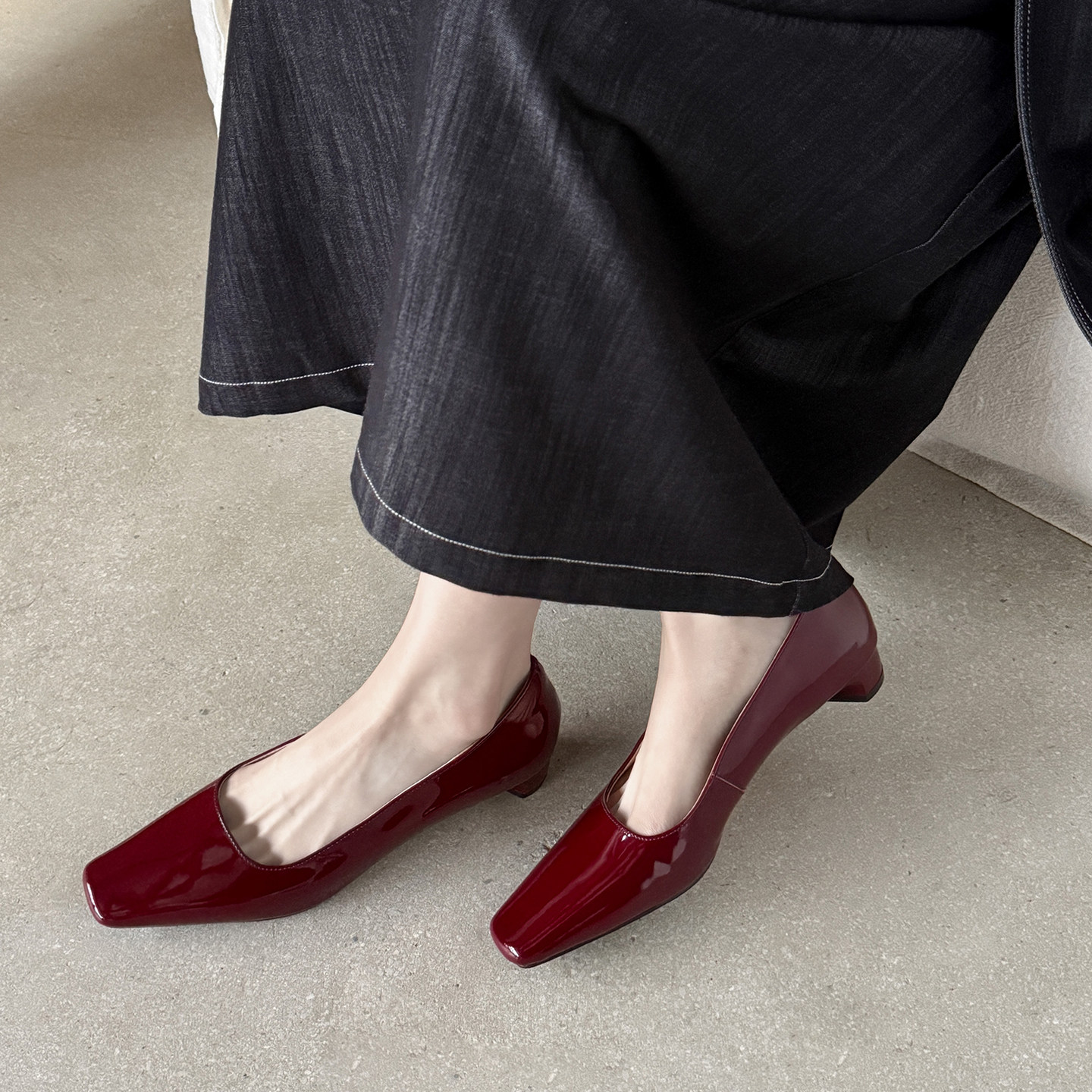 里外全皮！酒红色方头粗跟高跟鞋女2026新款气质通勤单鞋女真皮,女鞋,浅口单鞋,淘宝优惠券,粉丝福利购,淘宝优惠卷