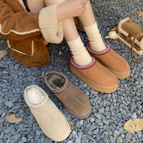 桑坡民族风厚底半拖冬季雪地靴女羊皮毛一体外穿加绒加厚棉拖鞋子