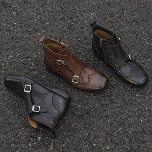 手工布洛克雕花短靴女头层牛皮孟克鞋复古英伦风时装靴双扣女靴子