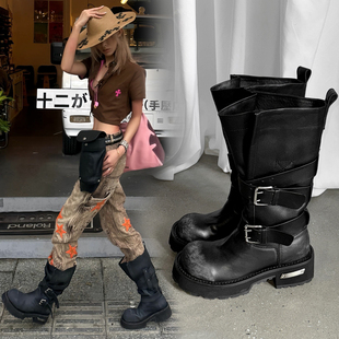 智慧baby2025ss新款 皮带扣大头靴 暗黑巴黎翘头毒液靴复古做旧女款