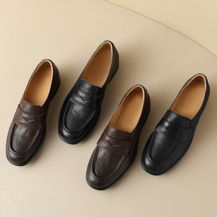 显质感头层小黄牛皮扣英伦风乐福鞋女粗跟跟真皮单鞋中古小皮鞋