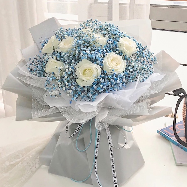 昆明同城送花青青宝贝;9朵白玫瑰;蓝色满天星 昆明鲜花速递M