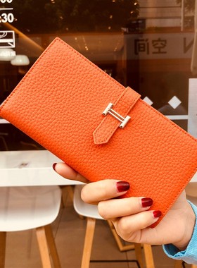 橙色包装盒子里外真皮长款钱包钱夹放手机气质真皮超薄大容量卡包