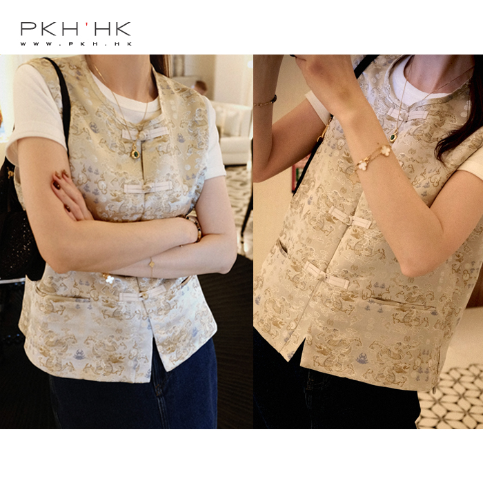 PKH.HK 特 时髦文艺国风新中式仿宋锦缎盘扣对襟马夹